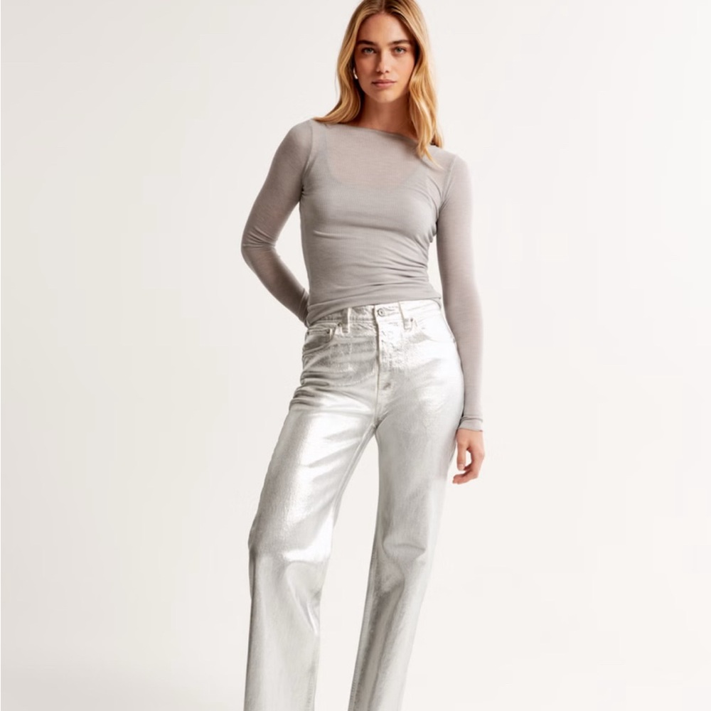 Abercrombie & Fitch Shiny Silver Pants high rise, 90s relaxed jeans